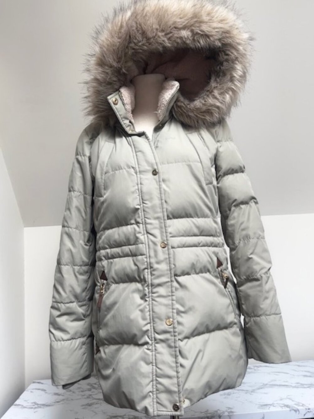 EUC Lauren Ralph Lauren Women Sage Faux-Fur-Trim Hooded Puffer Coat Jacket S